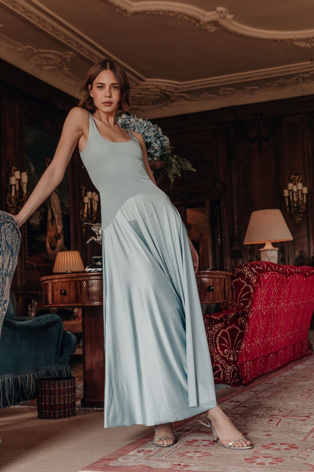 Light Blue Satin A-Line Midi Dress Light Blue Satin A-Line Midi Dress — Trendy Dress for Wedding Guest