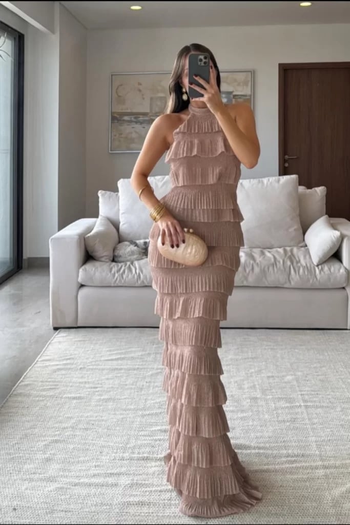 Rose Gold Tiered Ruffle Maxi Dress Rose Gold Tiered Ruffle Maxi Dress — Trendy Dress for Wedding Guest