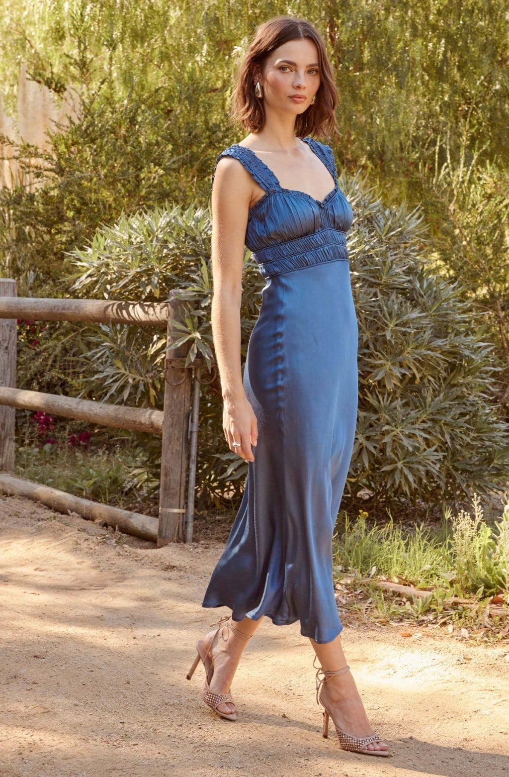 Deep Blue Satin Midi Dress with Ruched Bodice Deep Blue Satin Midi Dress with Ruched Bodice — Trendy Dress for Wedding Guest