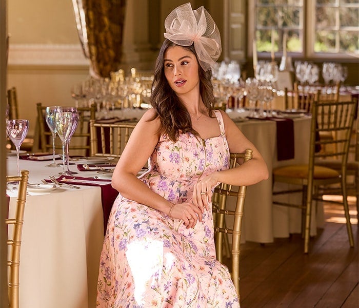 Pink and Purple Floral Print Midi Dress with Fascinator Pink and Purple Floral Print Midi Dress with Fascinator — Trendy Dress for Wedding Guest