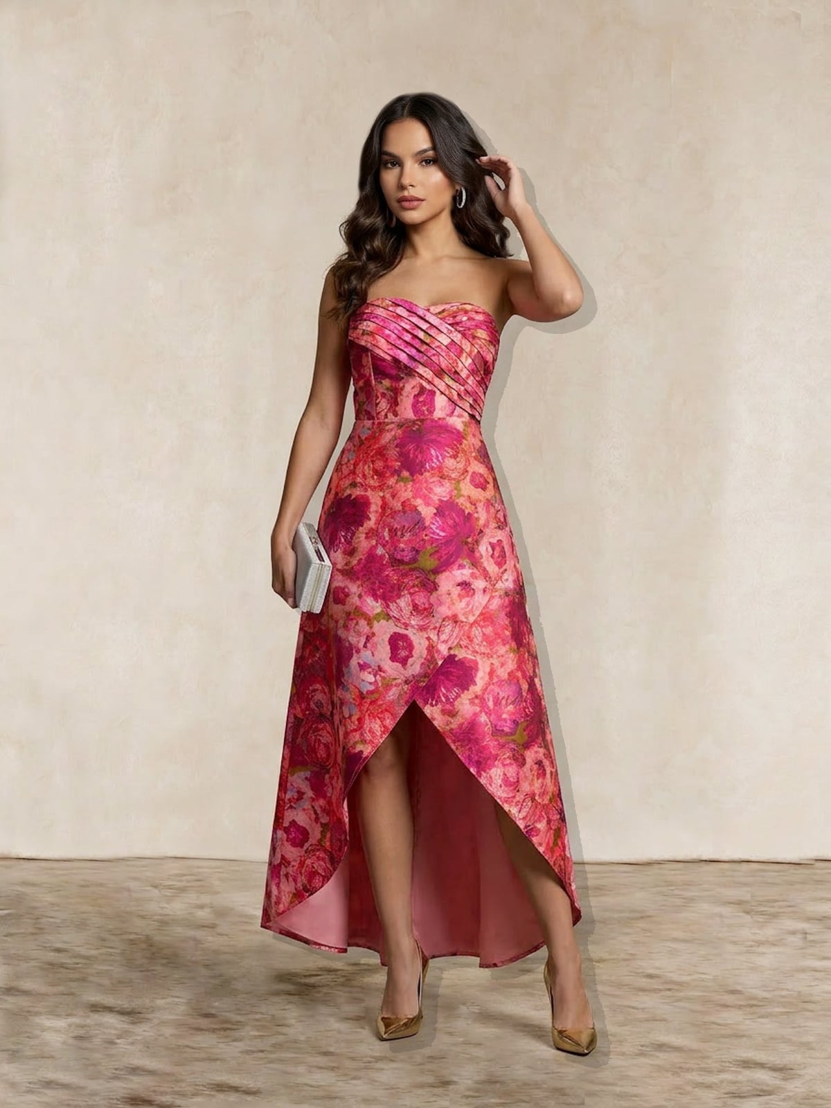 Strapless Floral Print High-Low Dress in Satin Strapless Floral Print High-Low Dress in Satin — Trendy Dress for Wedding Guest