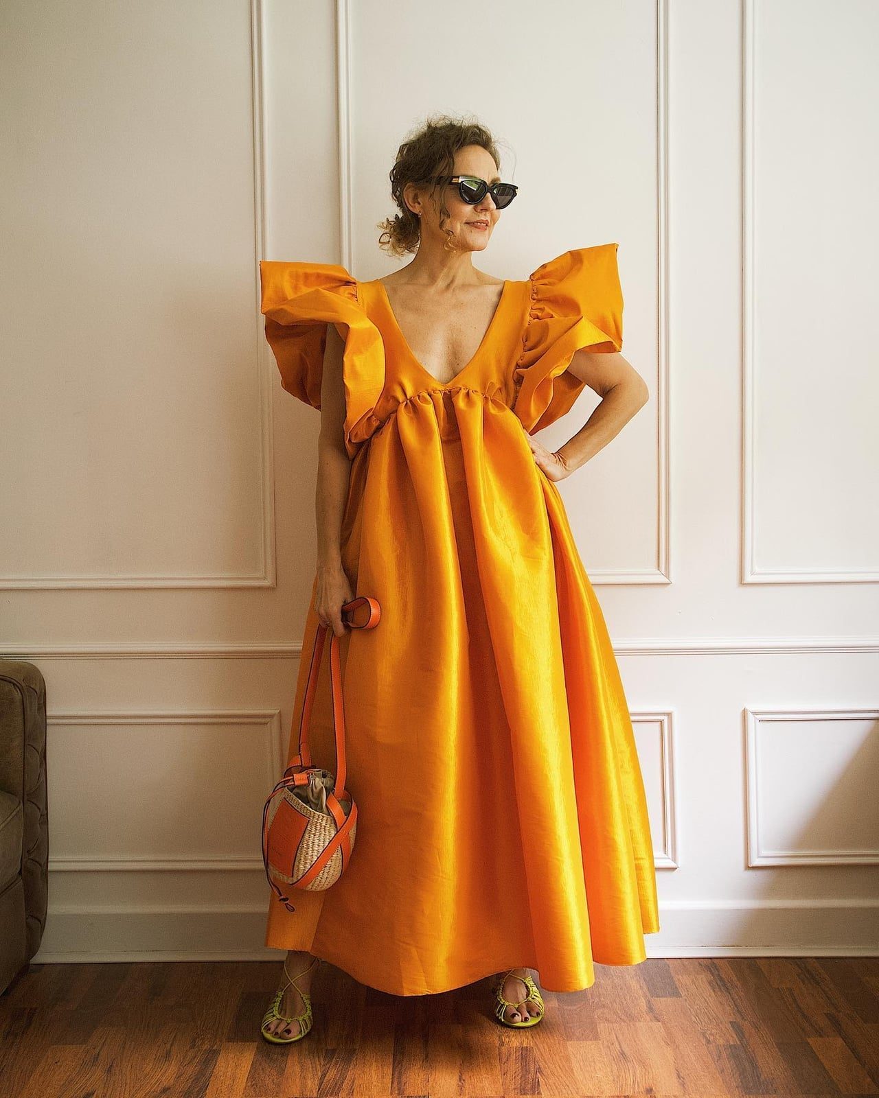 Vibrant Orange Satin Dress with Voluminous Ruffled Sleeves Vibrant Orange Satin Dress with Voluminous Ruffled Sleeves — Trendy Dress for Wedding Guest