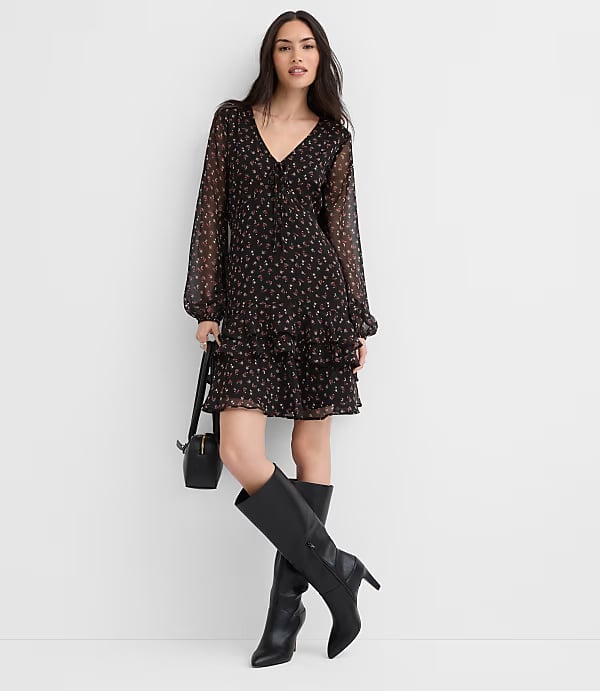 Floral Mini Dress With Knee High Heeled Boots and Black Crossbody Bag — Trendy Dress with Boots