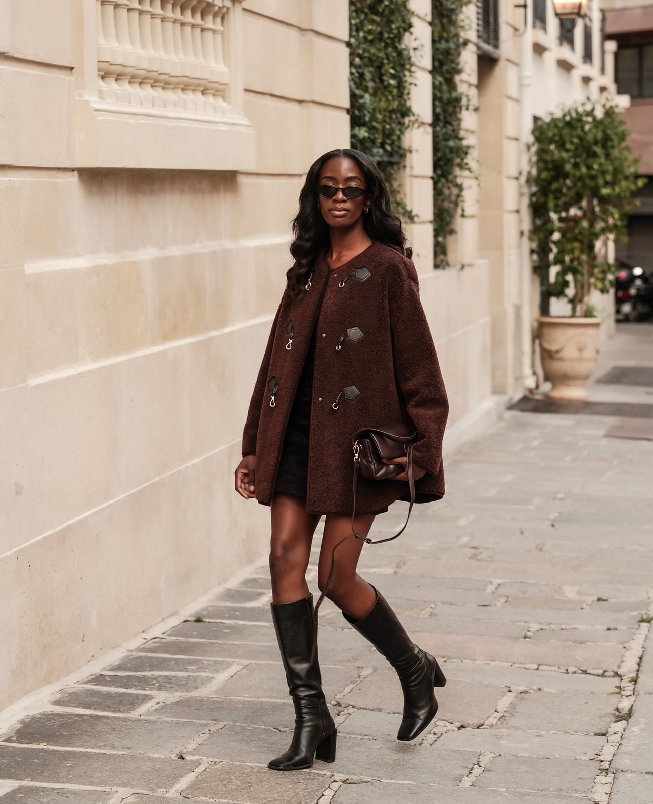 Blue Velvet Midi Dress With Mid Calf Boots, Close-Up Take — Trendy Dress with Boots