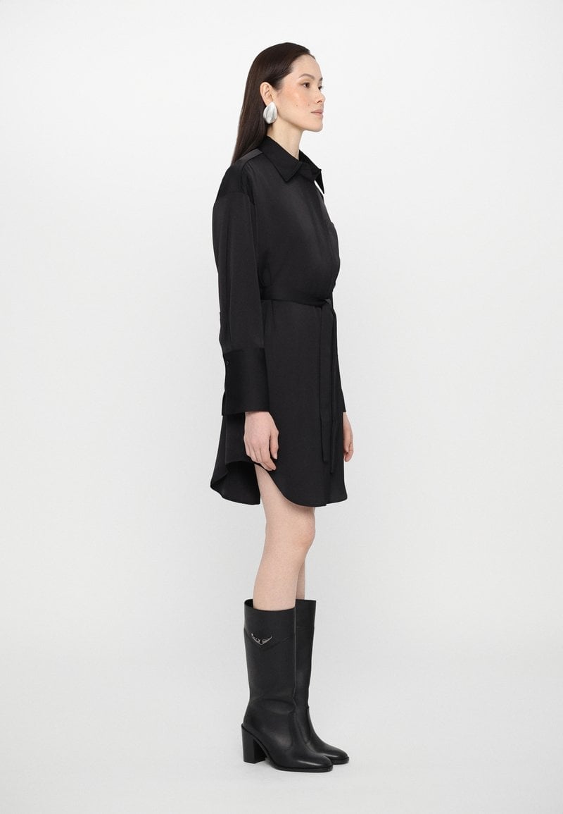 Oversized Satin Shirt Dress With Chunky Leather Boots — Trendy Dress with Boots