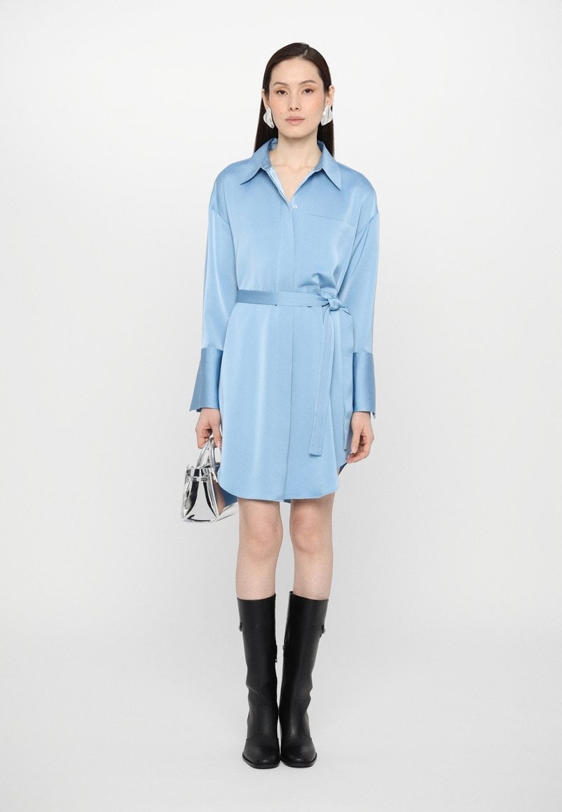 Light Blue Satin Shirt Dress With Chunky Boots — Trendy Dress with Boots