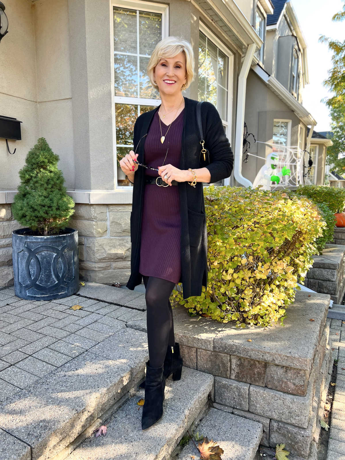 Purple Ribbed Dress With Long Cardigan And Ankle Boots — Trendy Dress with Boots