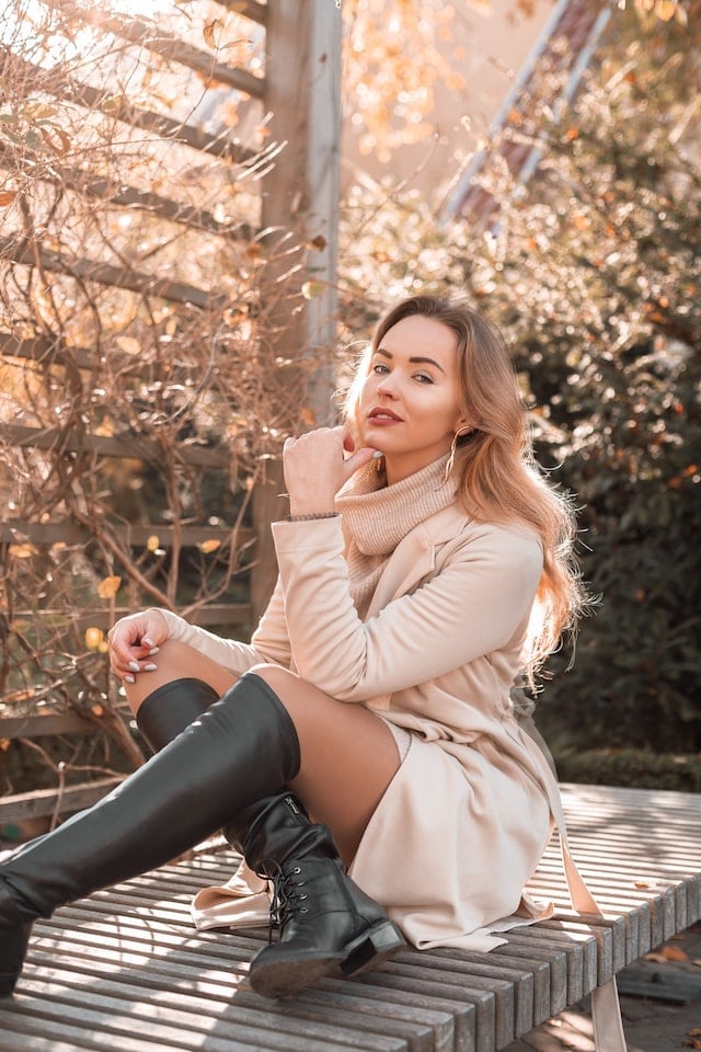 Beige Mini Dress With Lace Up Boots And Tights — Trendy Dress with Boots