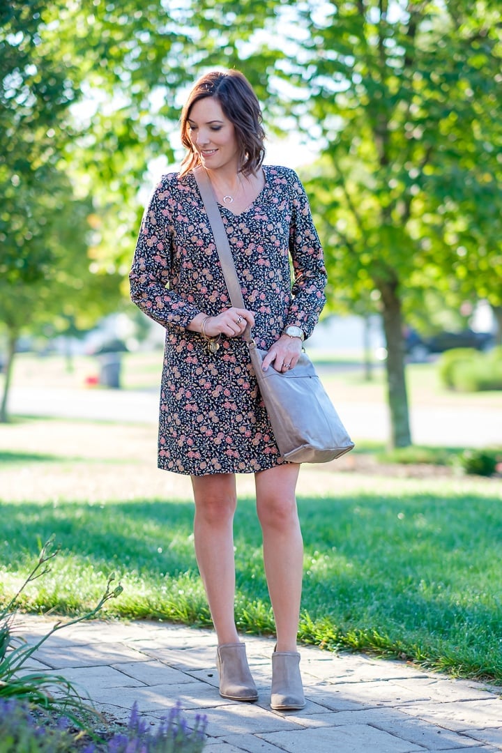 Floral Shift Dress With Grey Suede Ankle Boots — Trendy Dress with Boots