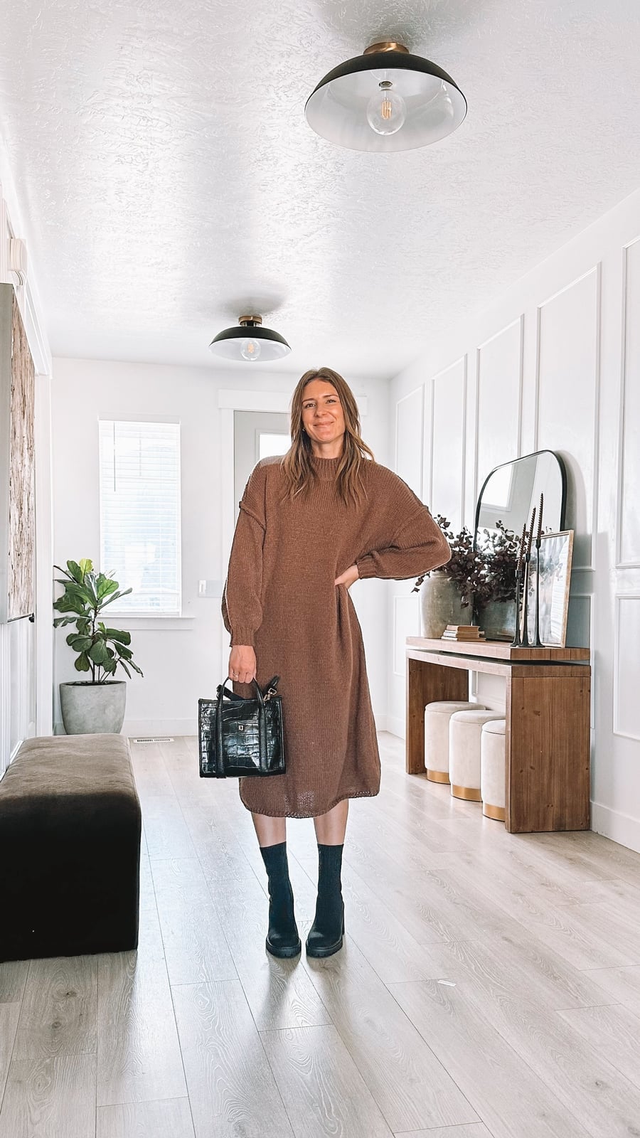 Brown Knit Maxi Dress With Chunky Sole Boots — Trendy Dress with Boots