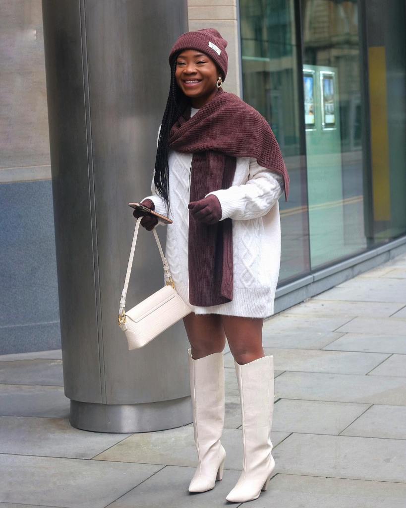 Oversized Sweater Dress With White Knee High Boots — Trendy Dress with Boots