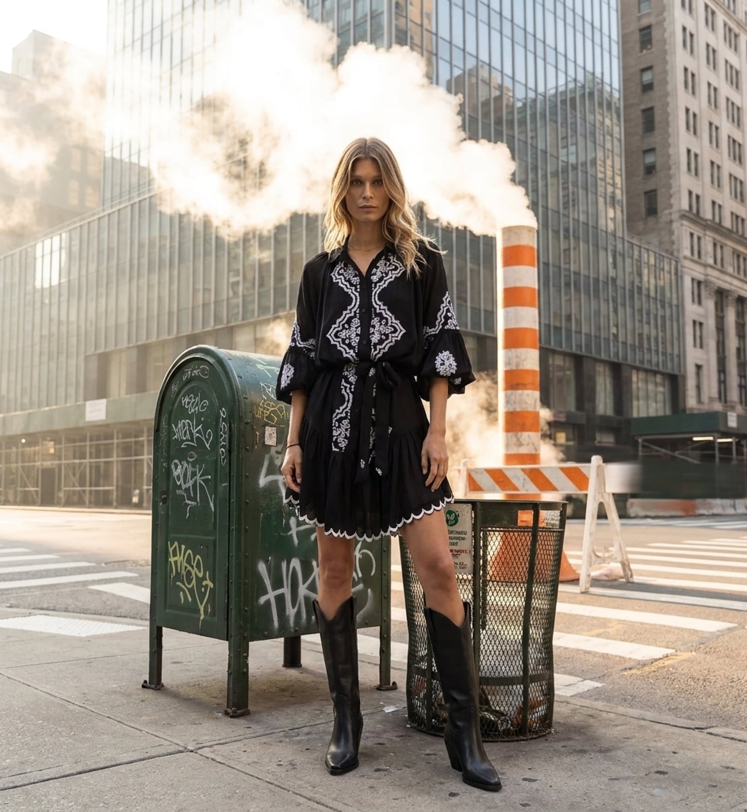 Embroidered Mini Dress With Cowboy Boots — Trendy Dress with Boots