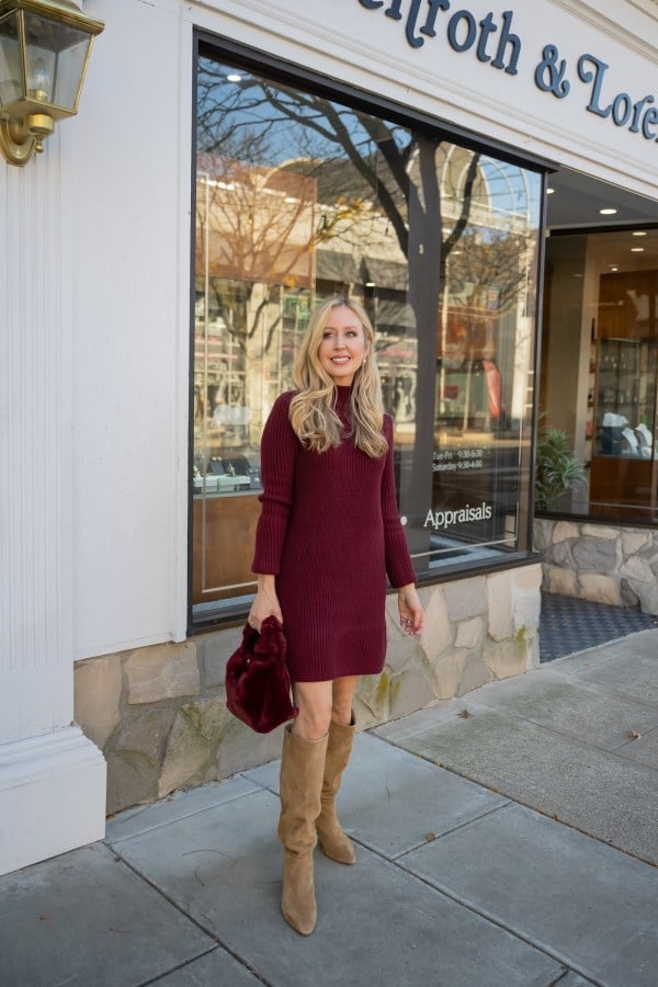 Burgundy Knit Dress With Tan Suede Boots — Trendy Dress with Boots