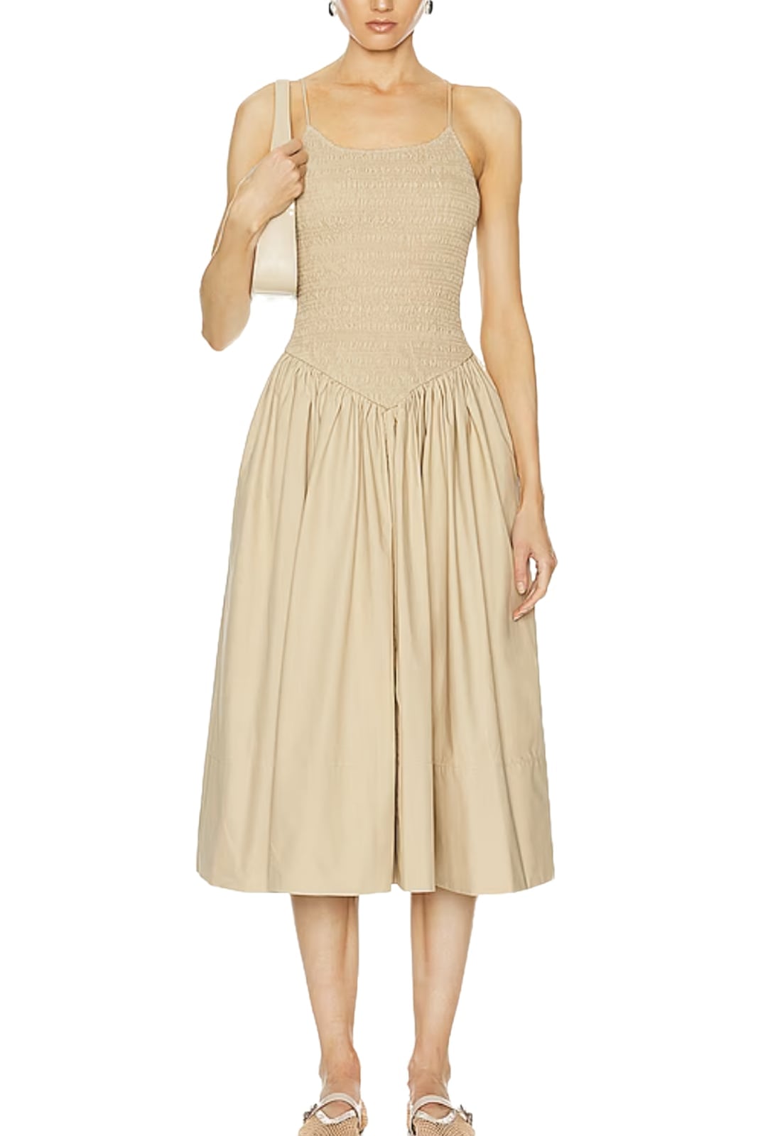 Beige Smocked Bodice Drop Waist Dress — Trendy Drop Waist Dresses