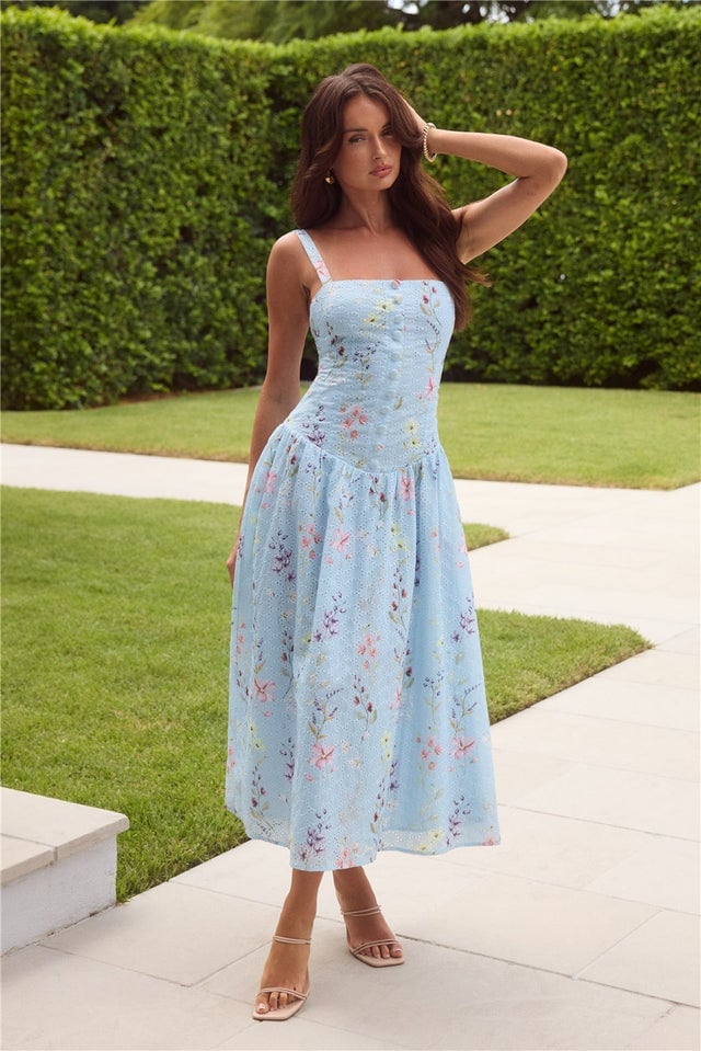 Light Blue Floral Print Drop Waist Dress — Trendy Drop Waist Dresses