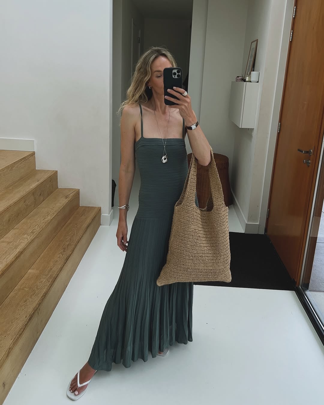 Olive Green Pleated Knit Dress — Trendy Drop Waist Dresses
