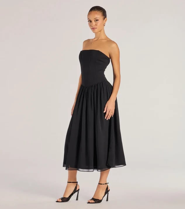 Black Strapless Midi Dress With Full Skirt — Trendy Drop Waist Dresses