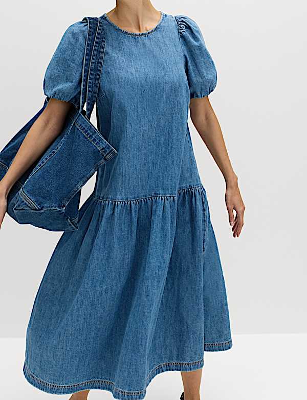 Blue Denim Puff Sleeve Midi Dress — Trendy Drop Waist Dresses