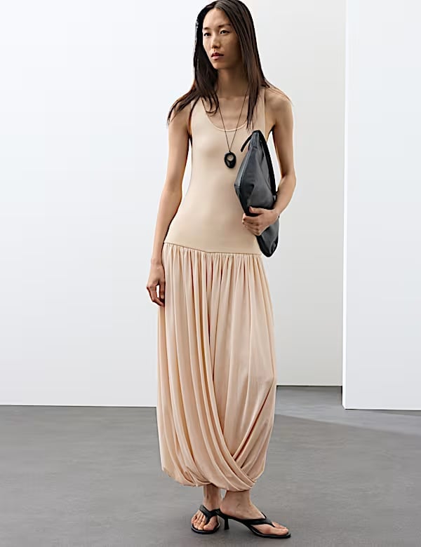 Beige Knitted Draped Drop Waist Dress — Trendy Drop Waist Dresses