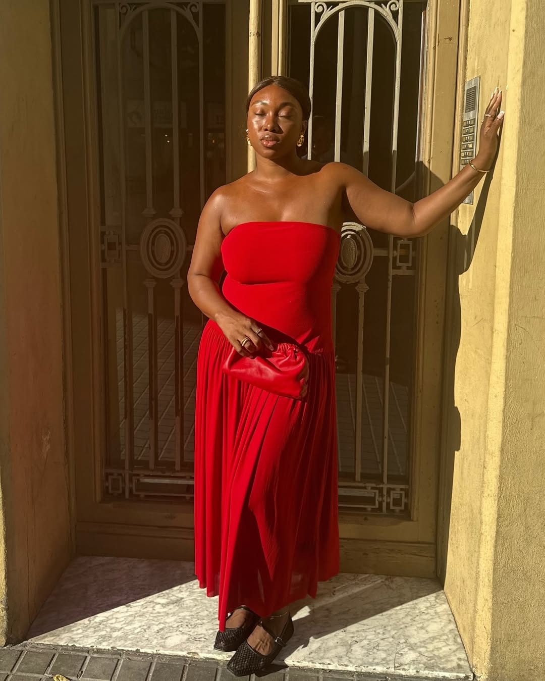 Red Velvet Strapless Dress With Chiffon Skirt — Trendy Drop Waist Dresses