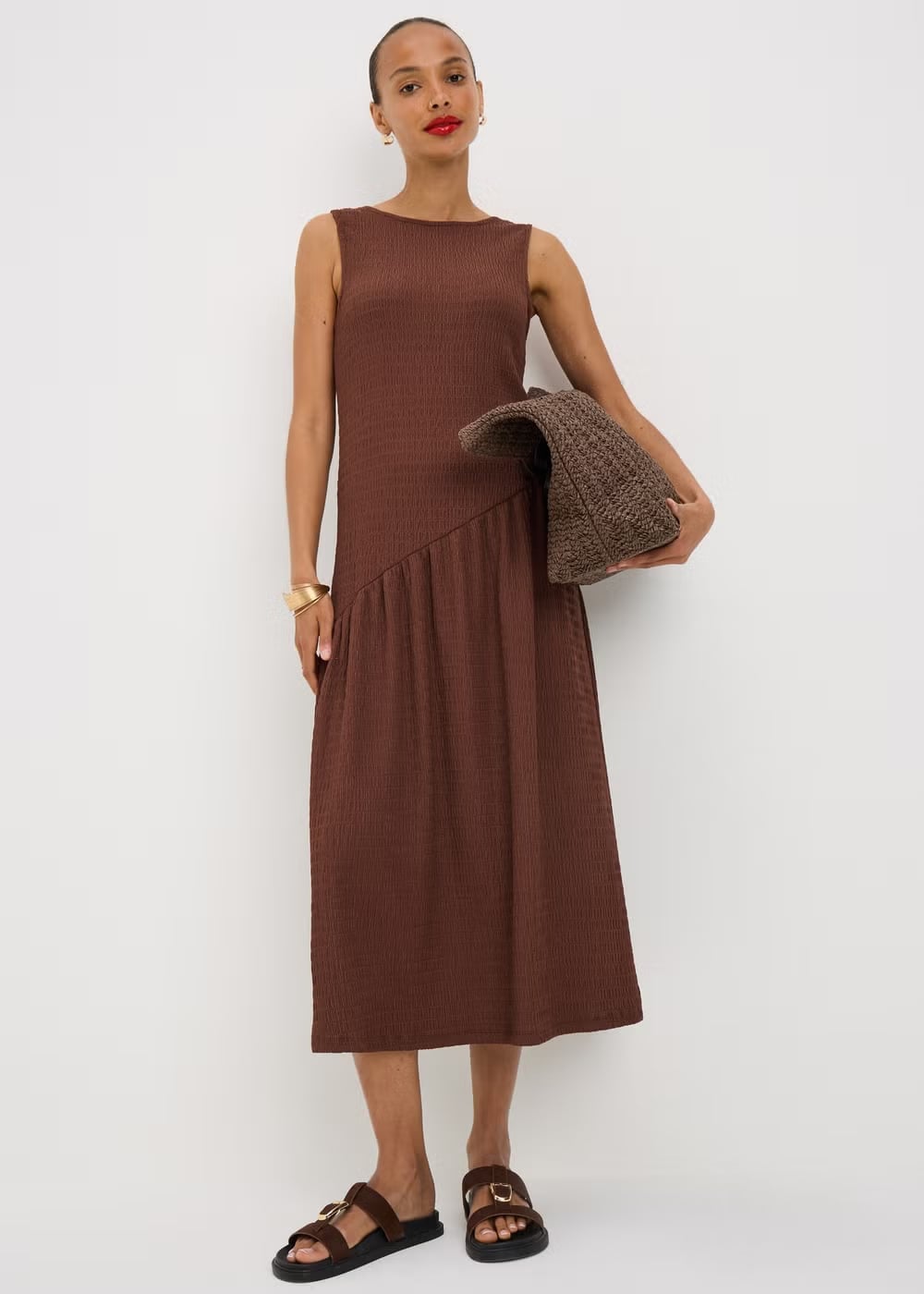 Chocolate Brown Textured Asymmetrical Dress — Trendy Drop Waist Dresses