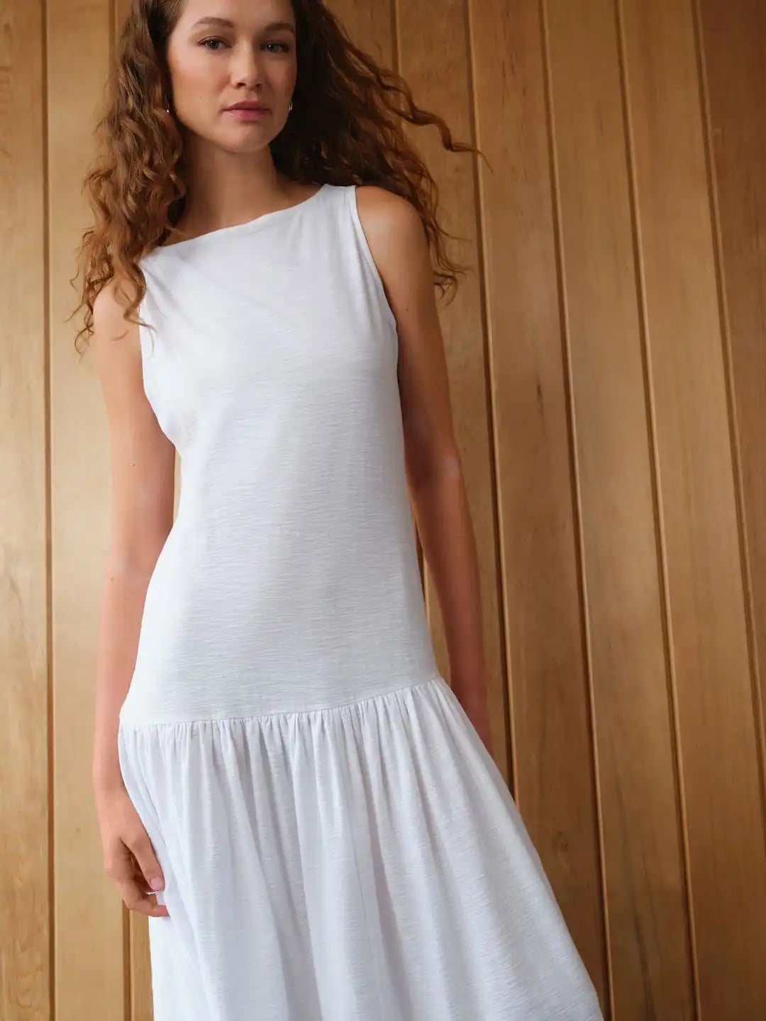 White Textured Cotton Tiered Skirt Dress — Trendy Drop Waist Dresses