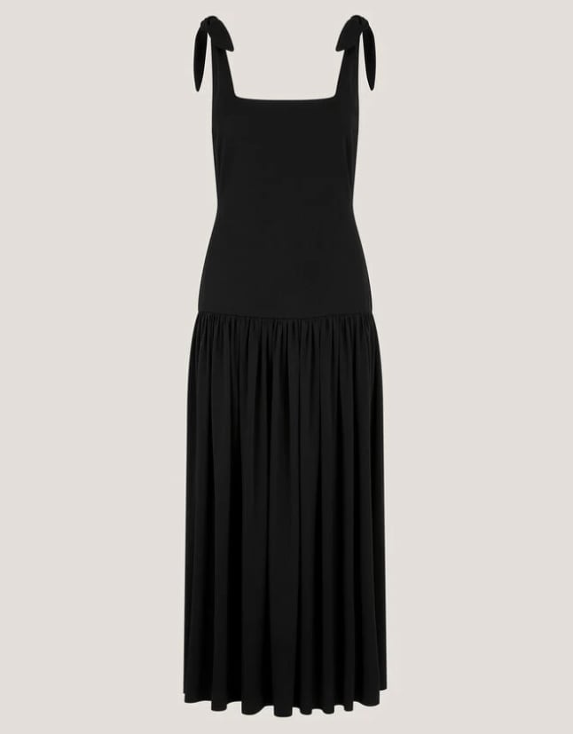 Black Crepe Floor Length A-Line Dress — Trendy Drop Waist Dresses