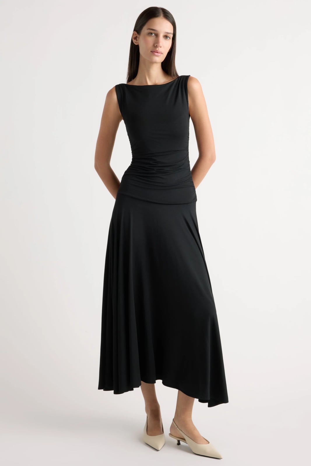 Black Jersey Ruched Bodice Maxi Dress — Trendy Drop Waist Dresses