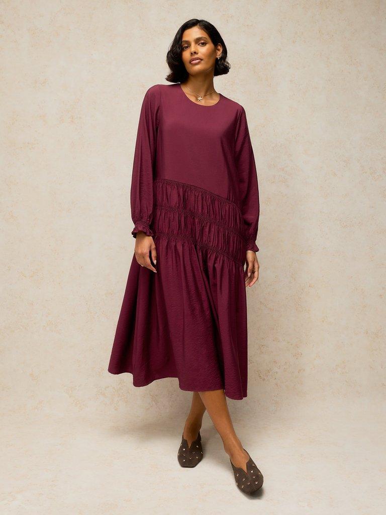 Burgundy Ruched Waist Flared Skirt Dress — Trendy Drop Waist Dresses