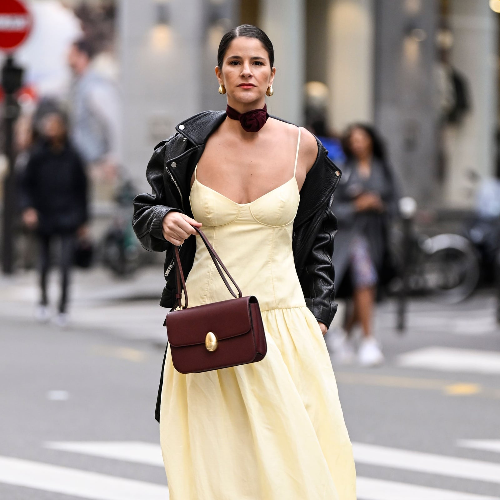 Pale Yellow Drop Waist Dress With Leather Jacket — Trendy Drop Waist Dresses