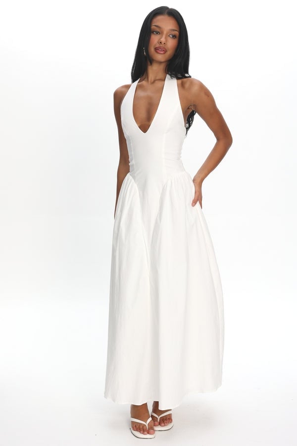 White Halter Neck A-Line Dress — Trendy Drop Waist Dresses