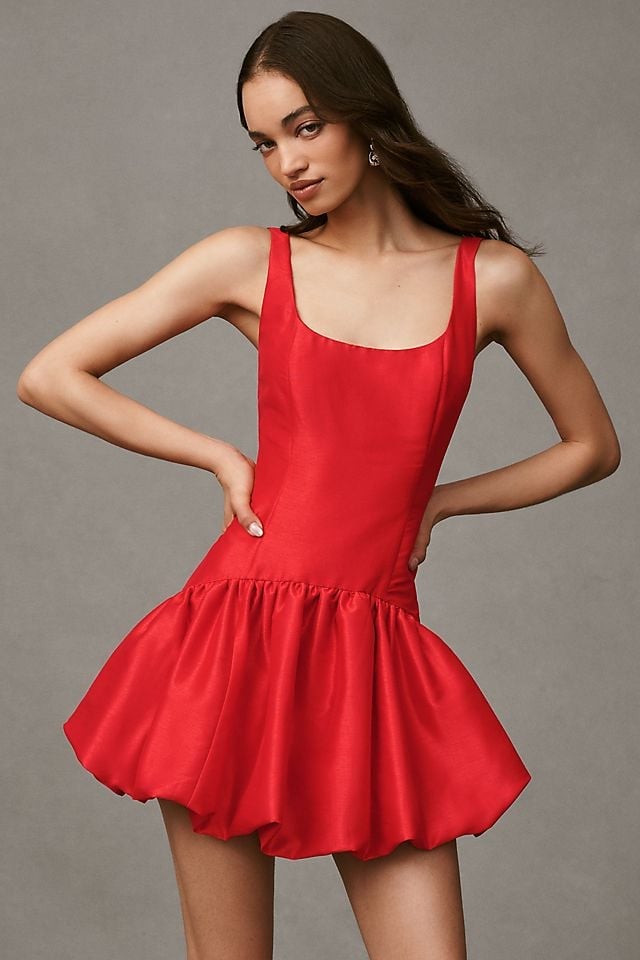 Red Satin Mini With Bubble Hem Detail — Trendy Drop Waist Dresses