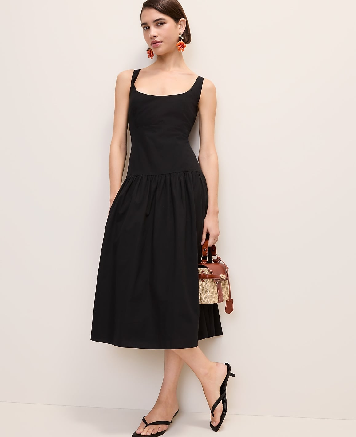 Black Midi Dress With Flare Skirt — Trendy Drop Waist Dresses