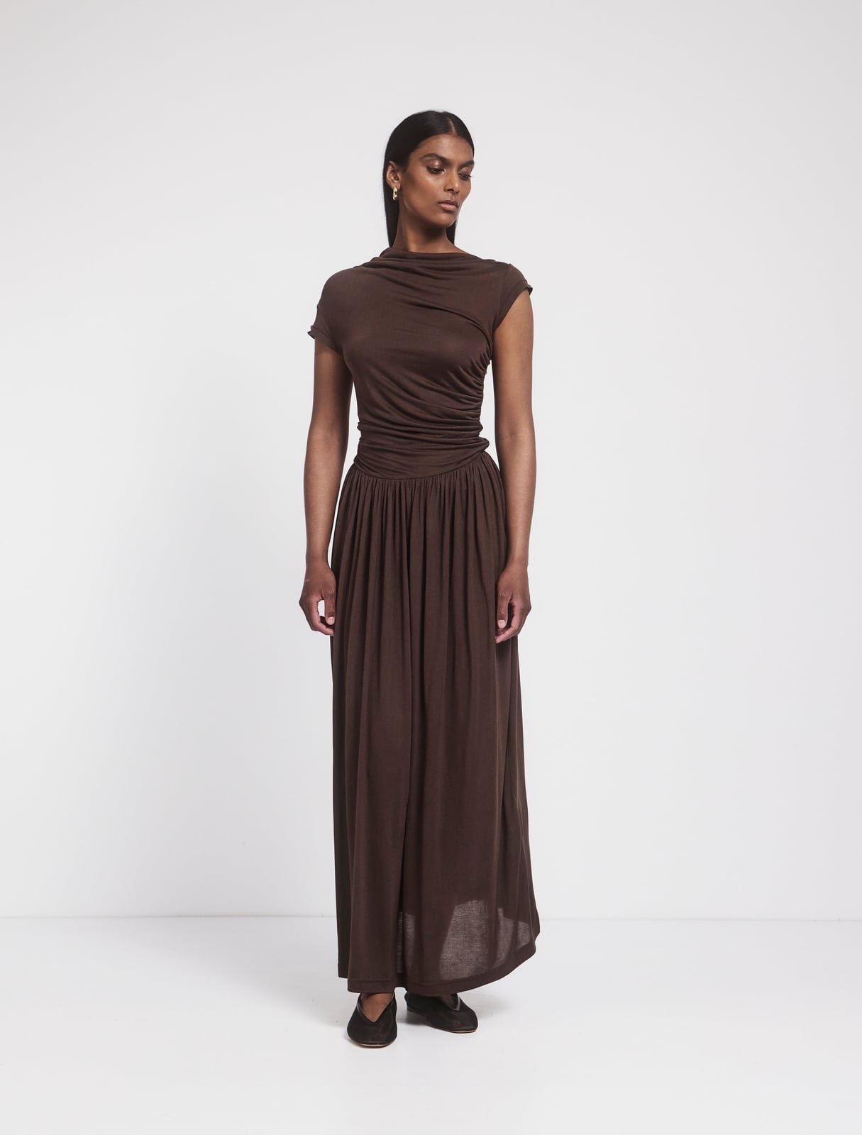 Deep Brown Jersey Dress With Cowl Neck — Trendy Drop Waist Dresses