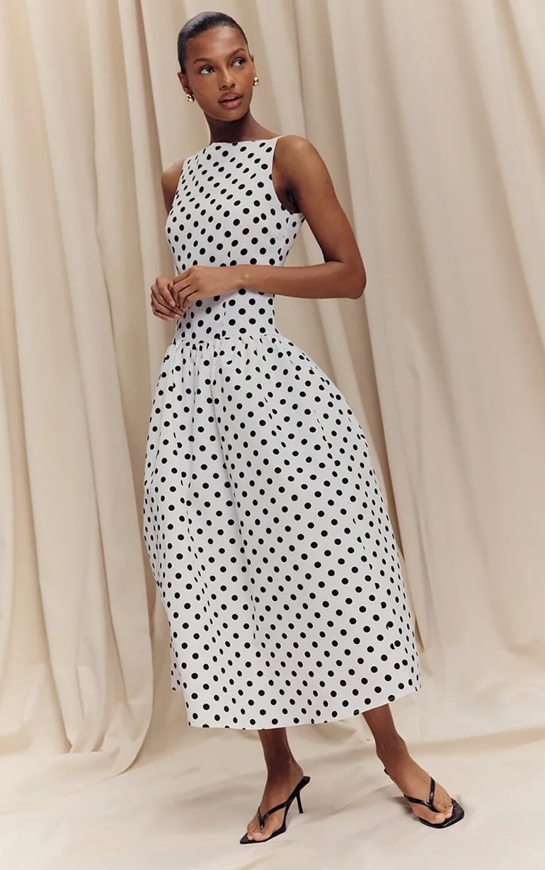 Polka Dot Midi Dress With Full Skirt — Trendy Drop Waist Dresses