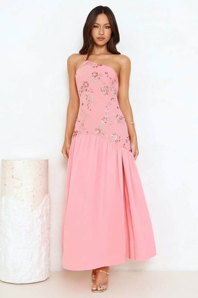 Pink One-Shoulder Sequin Dress — Trendy Drop Waist Dresses