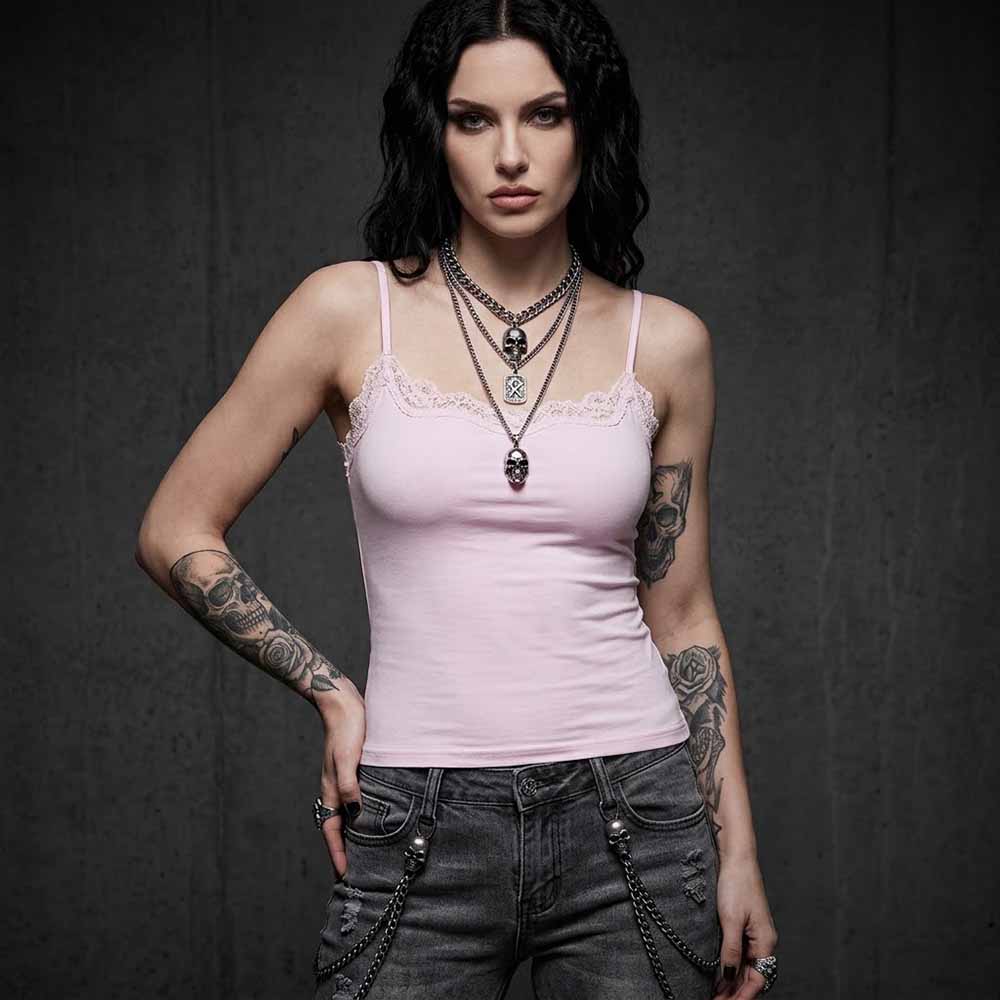 Lace Camisole with Distressed Jeans and Skull Necklace Lace Camisole with Distressed Jeans and Skull Necklace — Trendy Emo Style