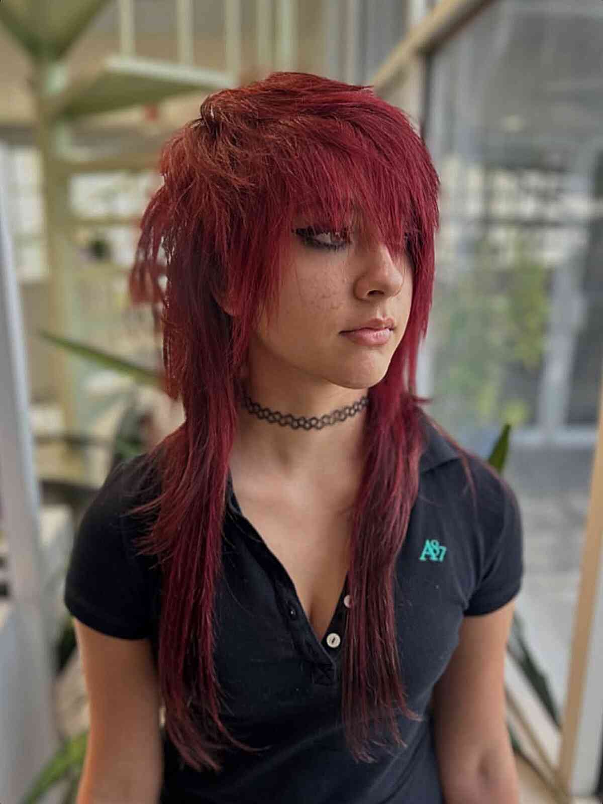 Fitted Black Polo with Red Shag Haircut Fitted Black Polo with Red Shag Haircut — Trendy Emo Style