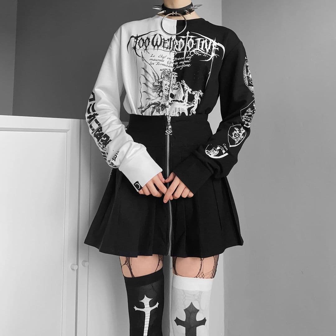 Split Graphic Shirt with Pleated Skirt and Thigh-High Socks Split Graphic Shirt with Pleated Skirt and Thigh-High Socks — Trendy Emo Style