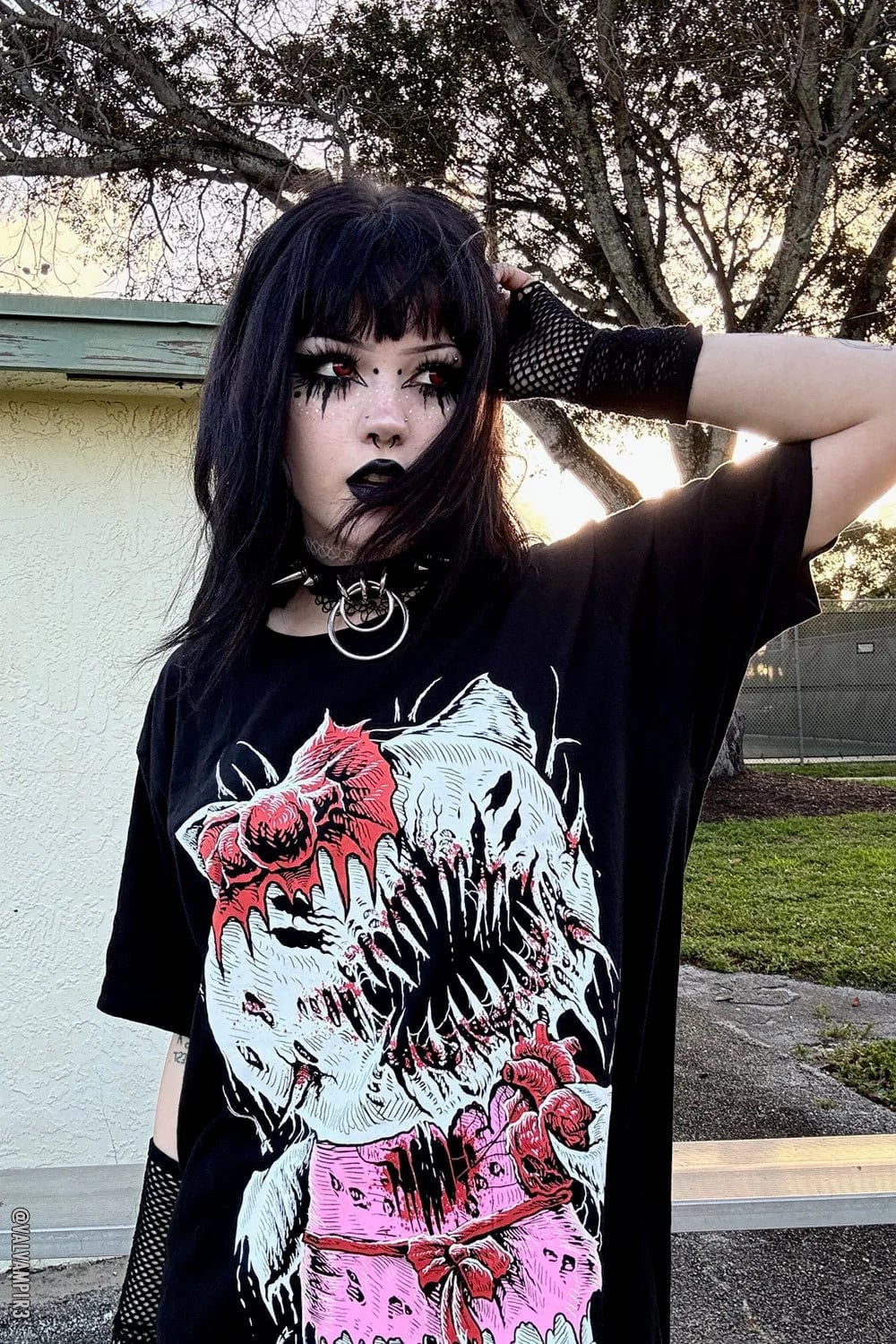 Oversized Graphic Tee with Fishnet Gloves Oversized Graphic Tee with Fishnet Gloves — Trendy Emo Style