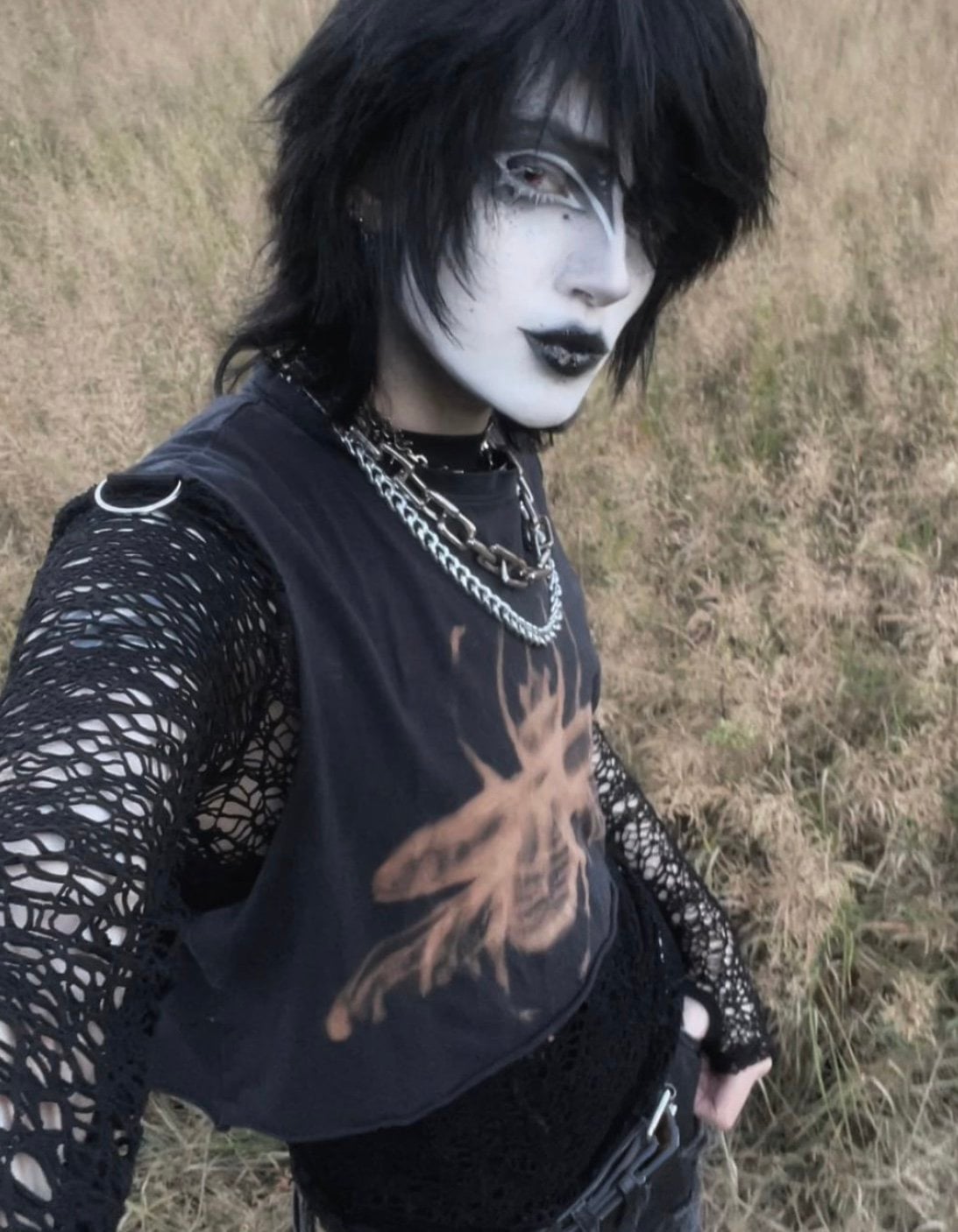 Fitted Graphic Tee Over Mesh Top Fitted Graphic Tee Over Mesh Top — Trendy Emo Style