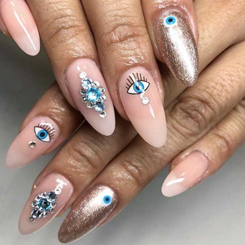 Evil Eye Long Almond Nails with Rhinestones Evil Eye Long Almond Nails with Rhinestones — Trendy Evil Eye Nails