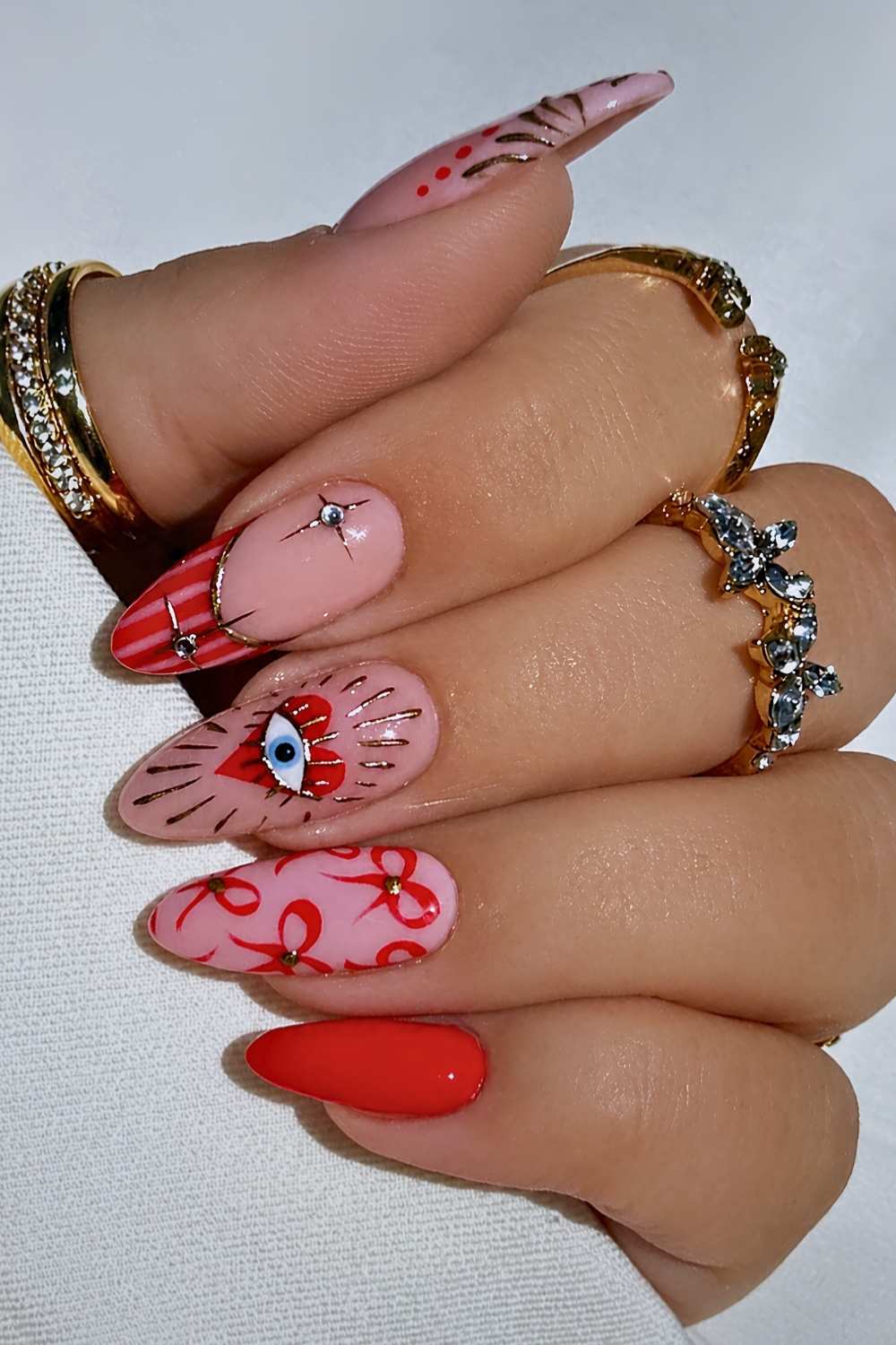 Mixed Design Long Almond Nails Mixed Design Long Almond Nails — Trendy Evil Eye Nails