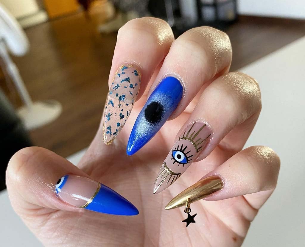 Metallic Evil Eye Long Stiletto Nails Metallic Evil Eye Long Stiletto Nails — Trendy Evil Eye Nails