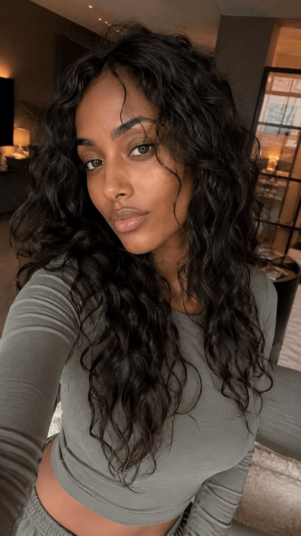 Mid-Back Dark Curly Hair Caramel Highlights Mid-Back Dark Curly Hair Caramel Highlights — Trendy Extensions Hair