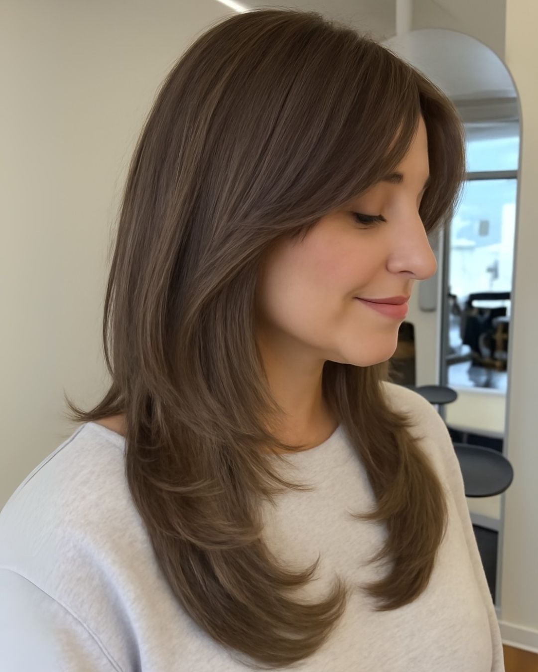 Collarbone Layered Medium Brown Side Bangs Collarbone Layered Medium Brown Side Bangs — Trendy Extensions Hair