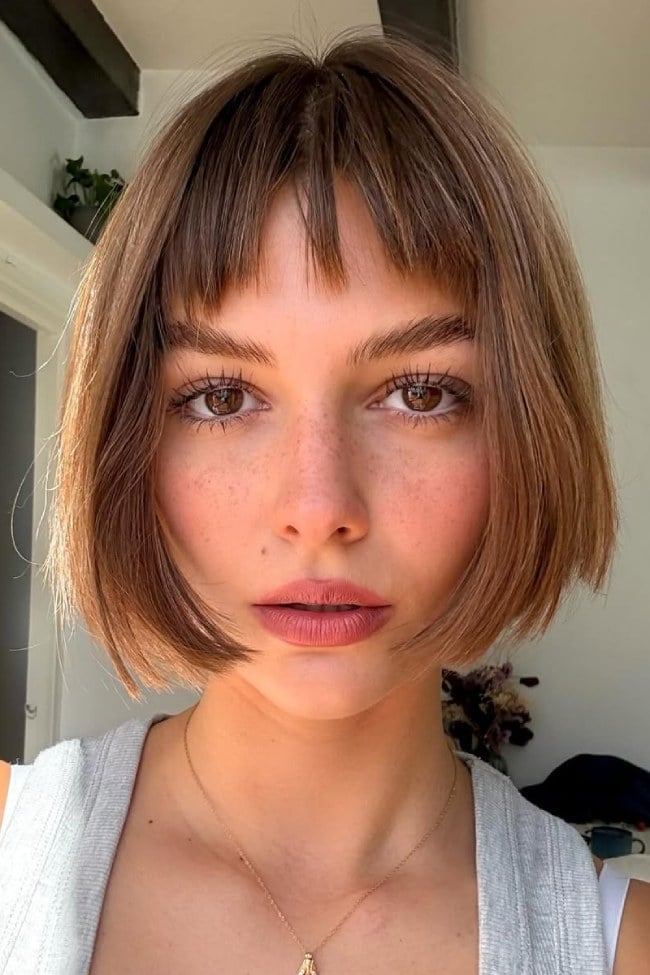Caramel Brown Blunt Bob Wispy Fringe — Trendy Fine Hair