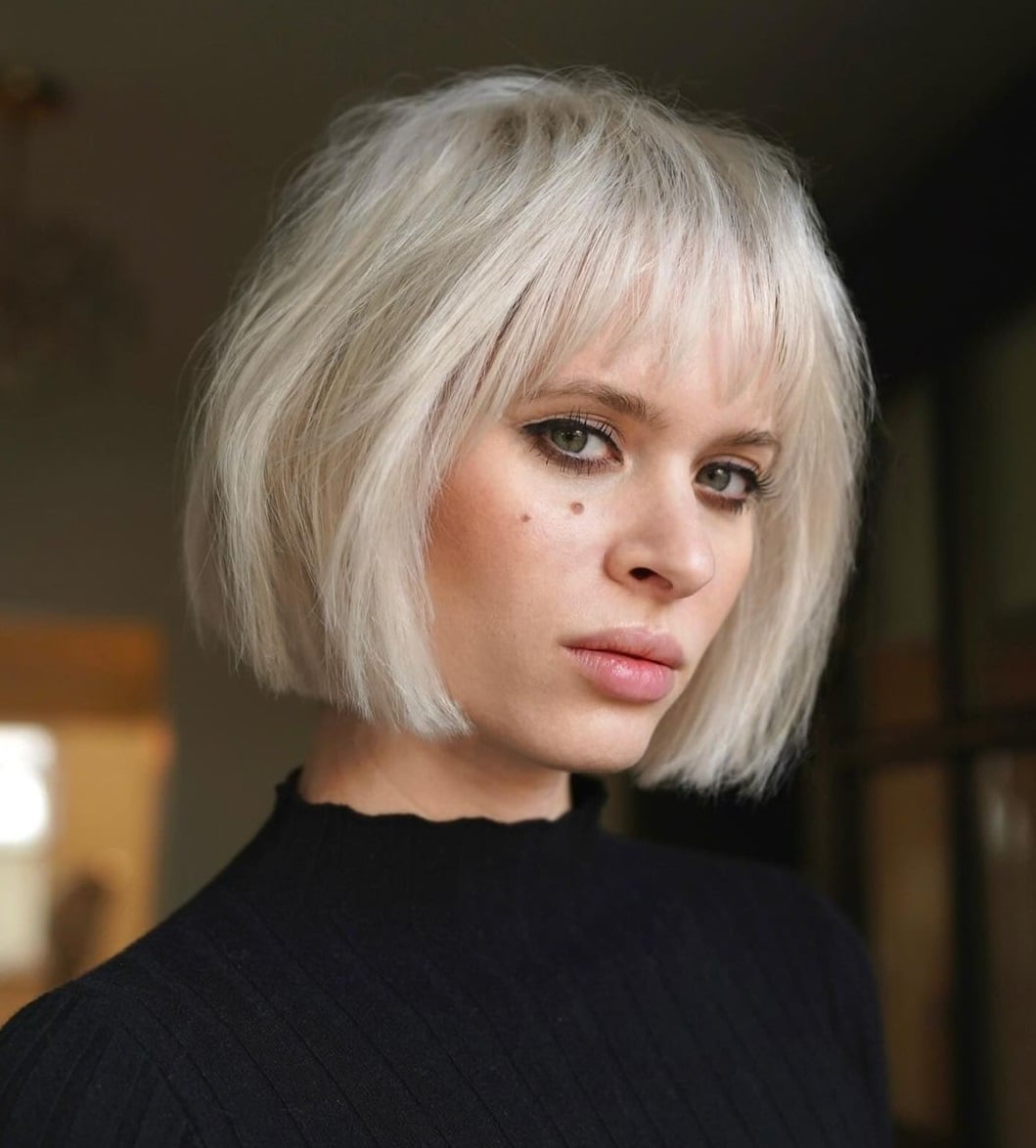 Chin Length Bob Platinum Wispy Bangs — Trendy Fine Hair