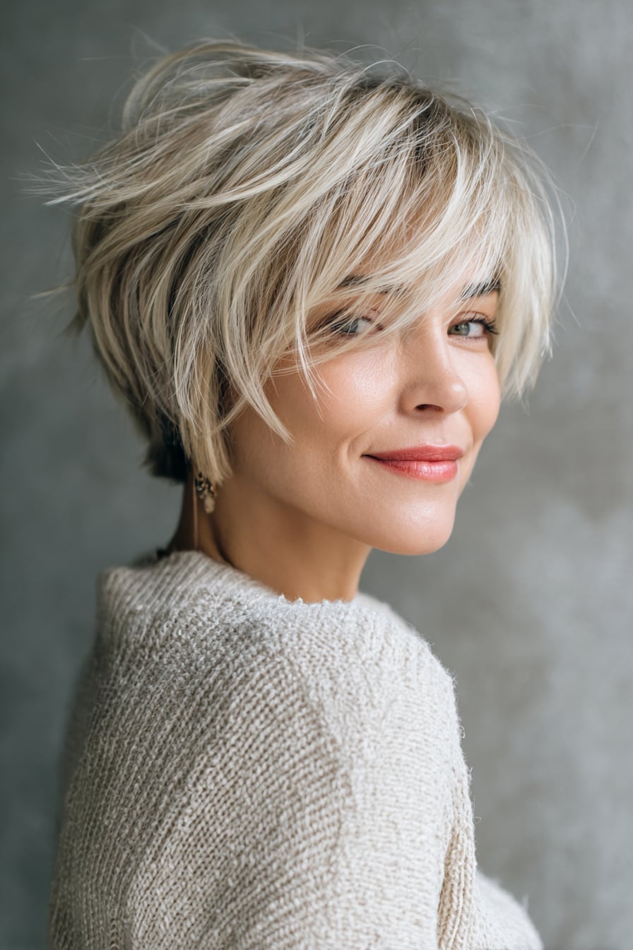 Textured Layered Pixie Ash Blonde Bangs — Trendy Fine Hair