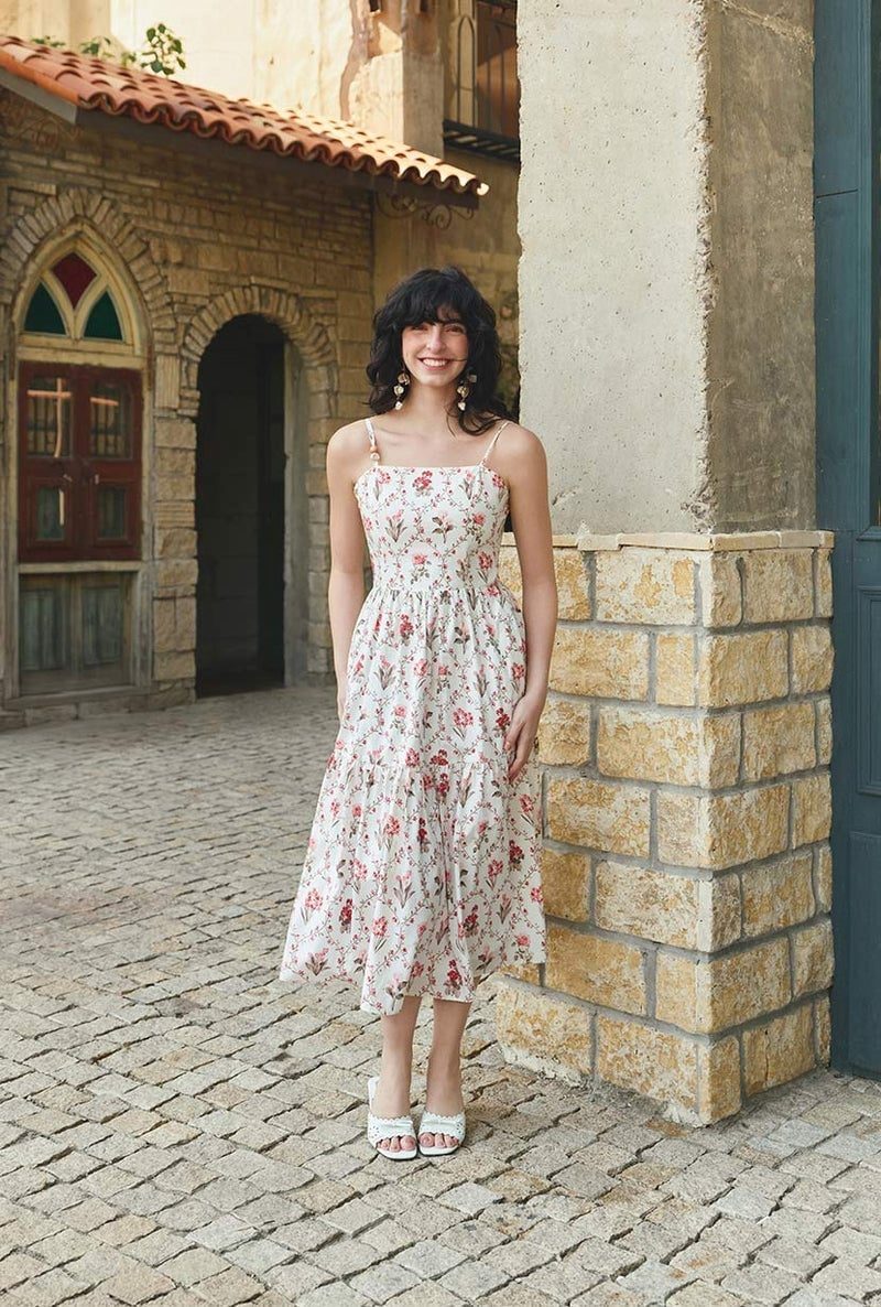 Spaghetti Strap Tiered Floral Midi Dress With White Heeled Sandals Spaghetti Strap Tiered Floral Midi Dress With White Heeled Sandals — Trendy Floral Dress